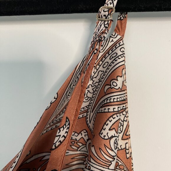 ACOA Satin Paisley Mini Dress in Rust & Cream with Side Tie & Cowl Neck | Size M - Picture 5 of 11